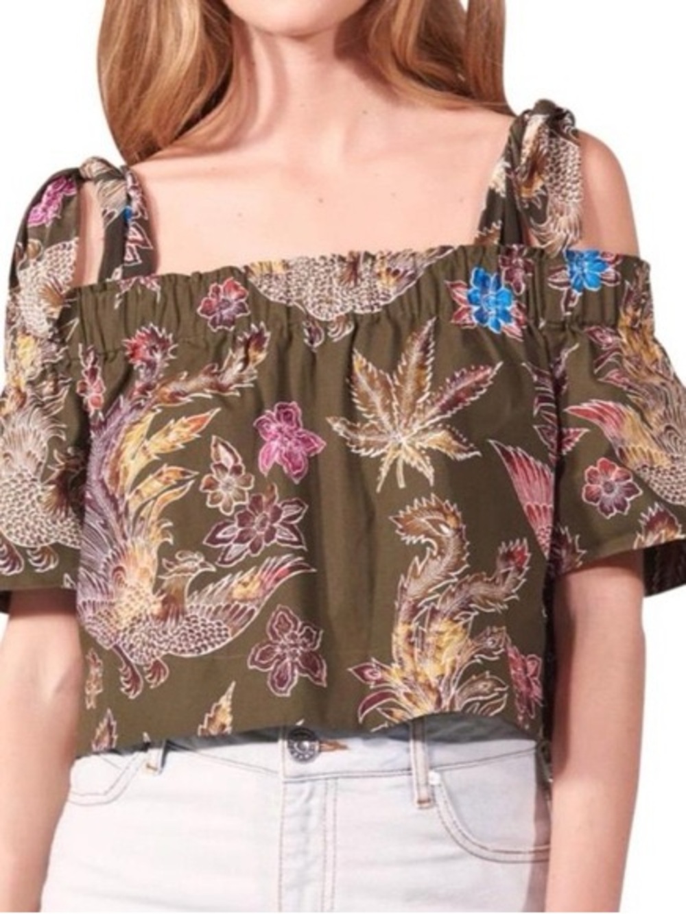 SANDRO Green Jungle Print Off Shoulder Crop Top